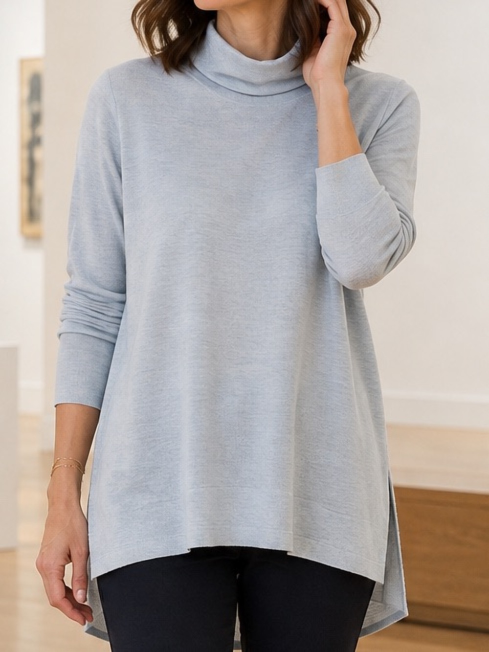 Eileen Fisher Superfine Merino Wool Mock Neck Tunic Sweater S Petite